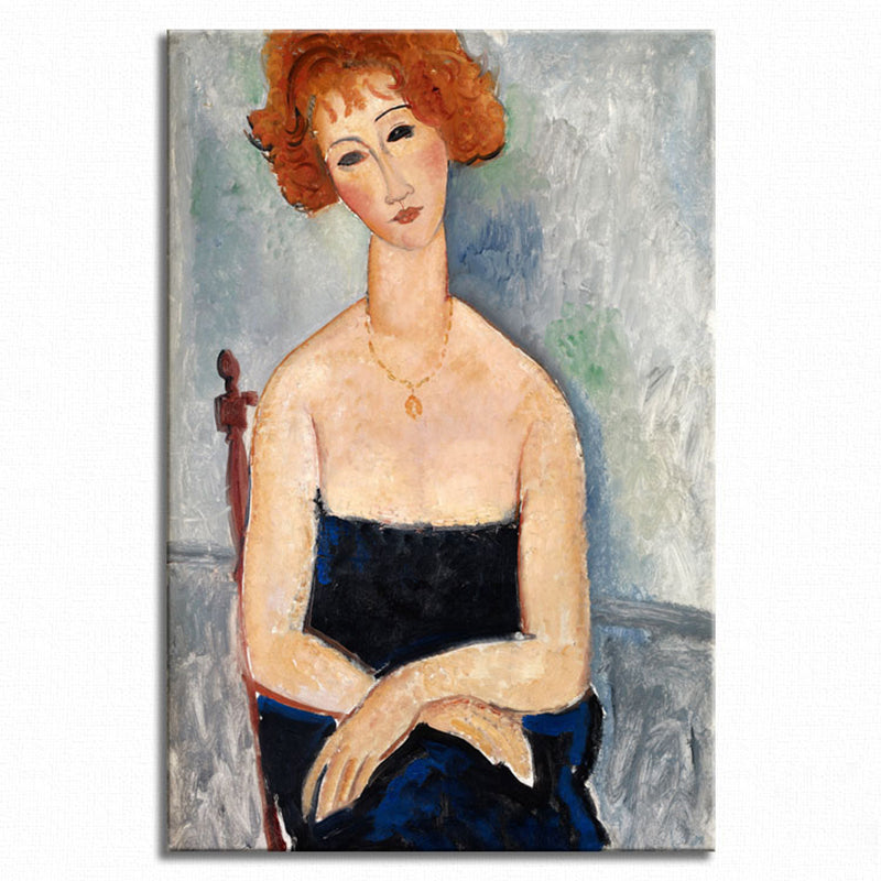 Portrait Wall Art Print Study Room Woman with Red Hair Canvas Blue Textured (Multiple Sizes) - Clearhalo - 'Arts' - 'Canvas Art' - 1704063