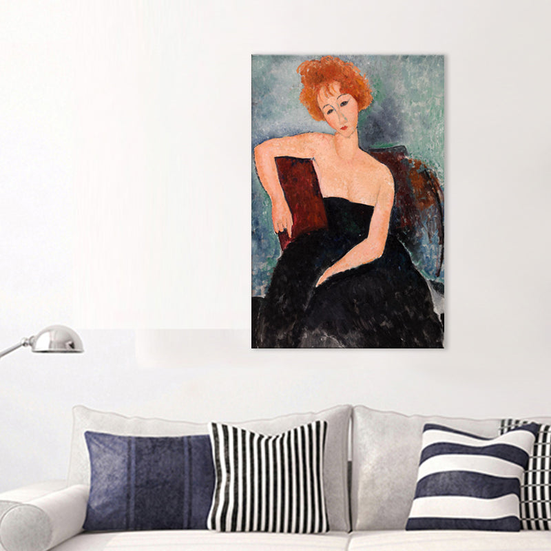 Portrait Wall Art Print Study Room Woman with Red Hair Canvas Blue Textured (Multiple Sizes) Brown Clearhalo 'Arts' 'Canvas Art' 1704064