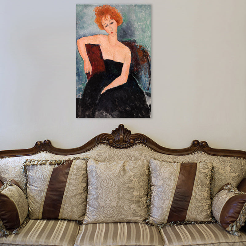 Portrait Wall Art Print Study Room Woman with Red Hair Canvas Blue Textured (Multiple Sizes) - Clearhalo - 'Arts' - 'Canvas Art' - 1704065