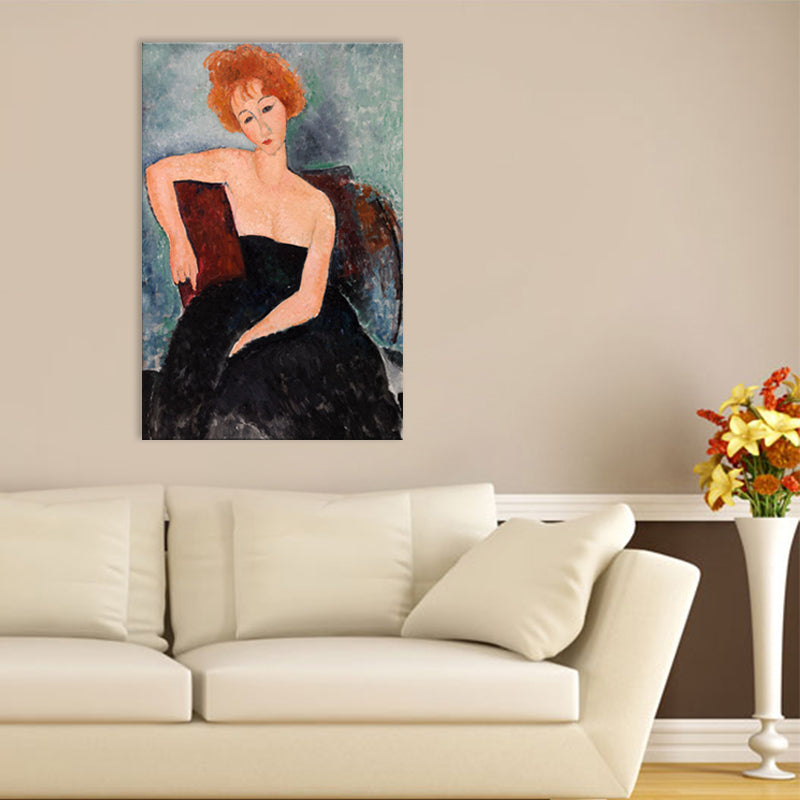 Portrait Wall Art Print Study Room Woman with Red Hair Canvas Blue Textured (Multiple Sizes) Clearhalo 'Arts' 'Canvas Art' 1704066