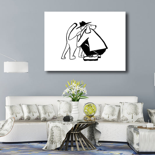 Pencil Figure Wall Art Decor Simple Comic Man Hug His Dog Canvas Print in Black and White White Clearhalo 'Art Gallery' 'Canvas Art' 'Contemporary Art Gallery' 'Contemporary Art' 'Minimalism' 'Minimalist Art Gallery' 'Scandinavian' Arts' 1704068