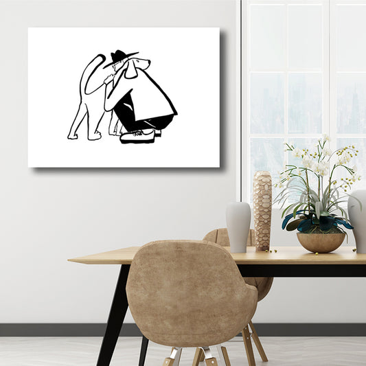 Pencil Figure Wall Art Decor Simple Comic Man Hug His Dog Canvas Print in Black and White Clearhalo 'Art Gallery' 'Canvas Art' 'Contemporary Art Gallery' 'Contemporary Art' 'Minimalism' 'Minimalist Art Gallery' 'Scandinavian' Arts' 1704069