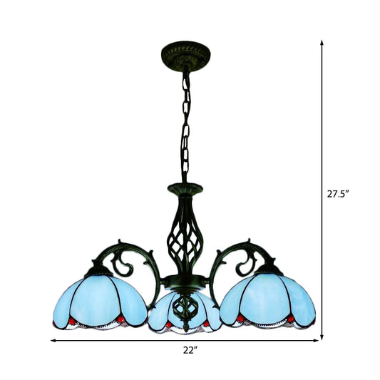 Tiffany Chandelier, 3-Lights Floral Ceiling Pendant Lamp for Dining Table with Adjustable Chain in Blue Clearhalo 'Ceiling Lights' 'Chandeliers' 'Industrial' 'Middle Century Chandeliers' 'Tiffany Chandeliers' 'Tiffany close to ceiling' 'Tiffany' Lighting' 170406