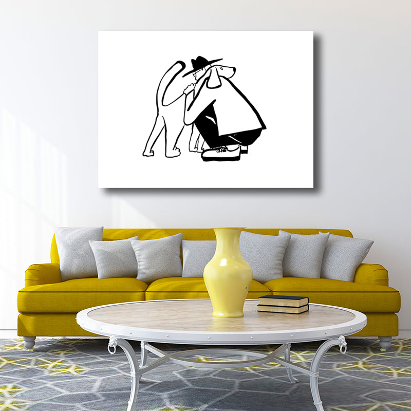 Pencil Figure Wall Art Decor Simple Comic Man Hug His Dog Canvas Print in Black and White Clearhalo 'Art Gallery' 'Canvas Art' 'Contemporary Art Gallery' 'Contemporary Art' 'Minimalism' 'Minimalist Art Gallery' 'Scandinavian' Arts' 1704070