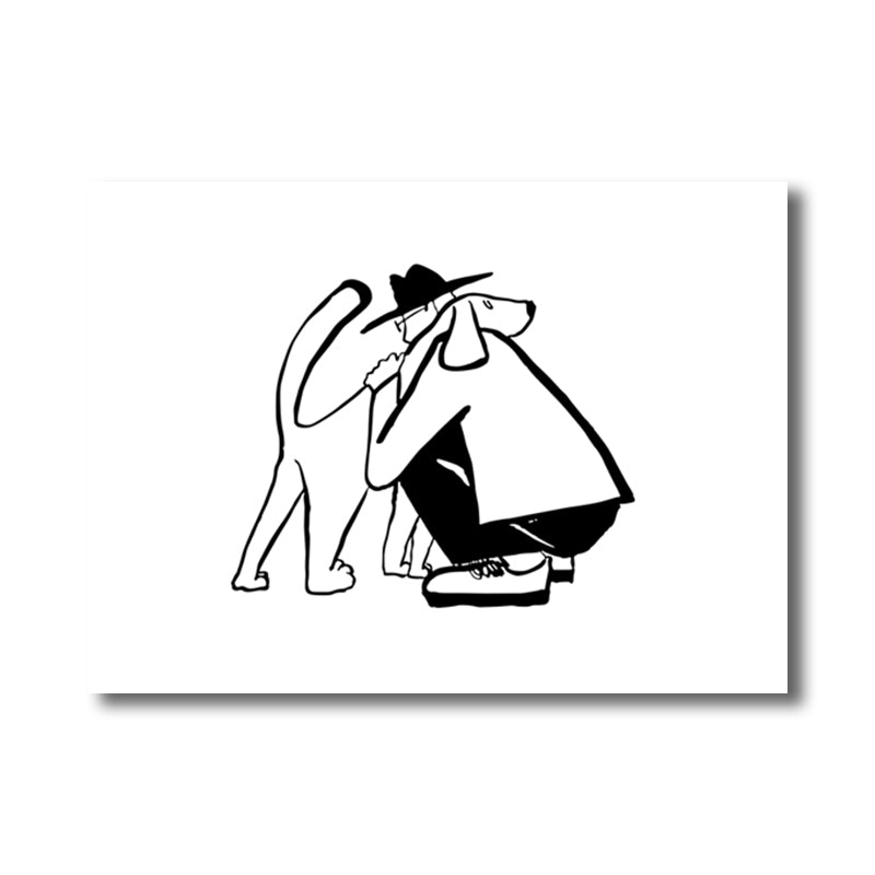 Pencil Figure Wall Art Decor Simple Comic Man Hug His Dog Canvas Print in Black and White Clearhalo 'Art Gallery' 'Canvas Art' 'Contemporary Art Gallery' 'Contemporary Art' 'Minimalism' 'Minimalist Art Gallery' 'Scandinavian' Arts' 1704071