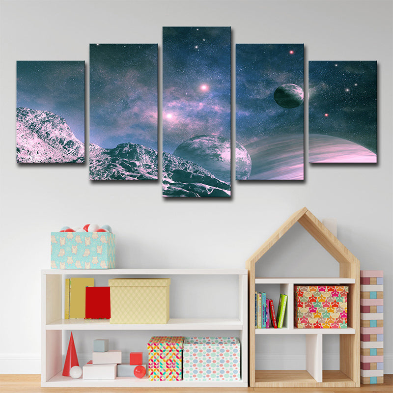 Science Fiction Canvas Art Blue and Purple View of Planets Wall Decor for Boys Room Clearhalo 'Art Gallery' 'Canvas Art' 'Kids' Arts' 1704077