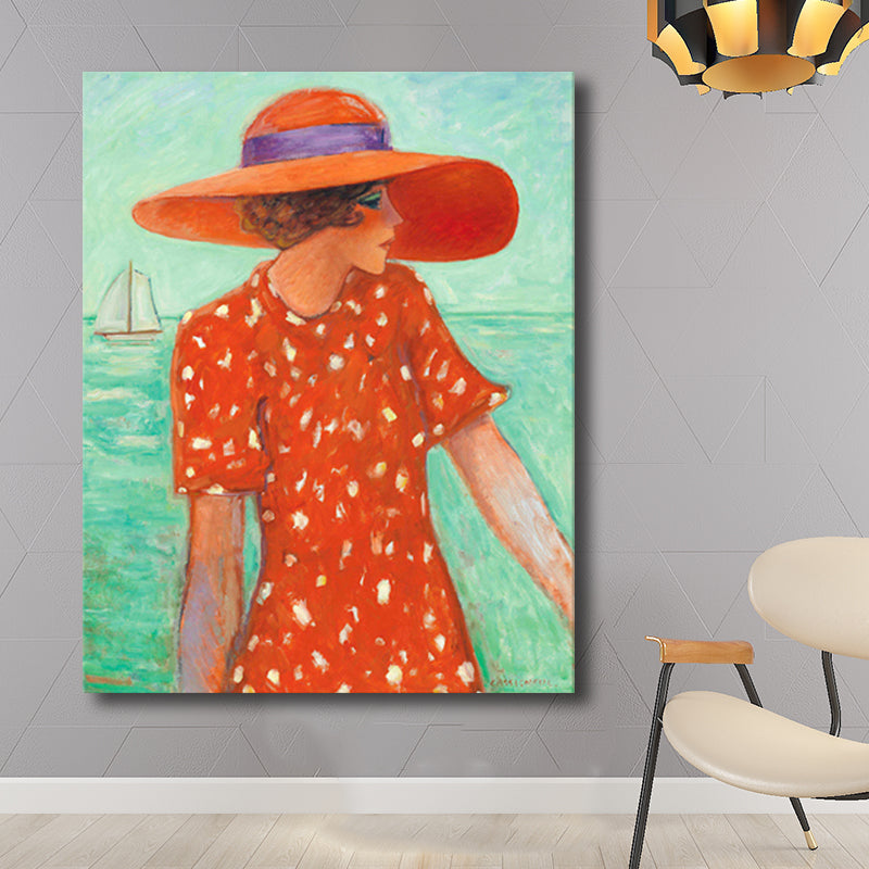 Canvas Textured Wall Art Countryside Woman by the Sea Painting in Soft Color for Living Room Clearhalo 'Art Gallery' 'Canvas Art' 'Traditional' Arts' 1704083