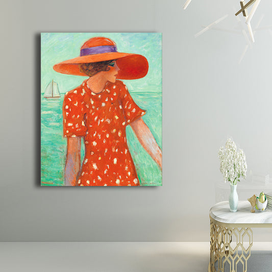 Canvas Textured Wall Art Countryside Woman by the Sea Painting in Soft Color for Living Room Clearhalo 'Art Gallery' 'Canvas Art' 'Traditional' Arts' 1704084