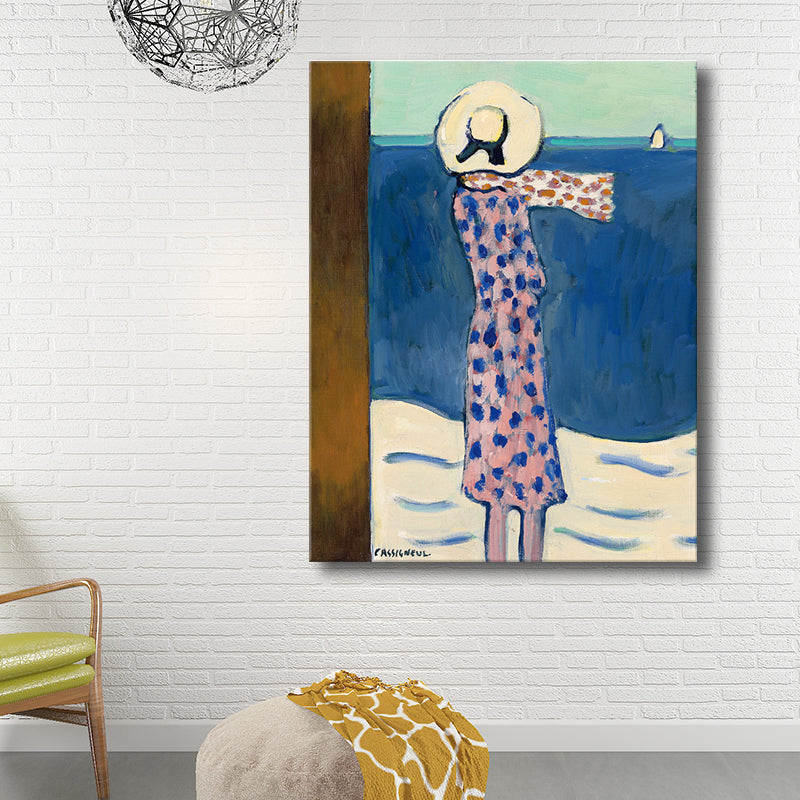 Canvas Textured Wall Art Countryside Woman by the Sea Painting in Soft Color for Living Room Dark Blue Clearhalo 'Art Gallery' 'Canvas Art' 'Traditional' Arts' 1704089