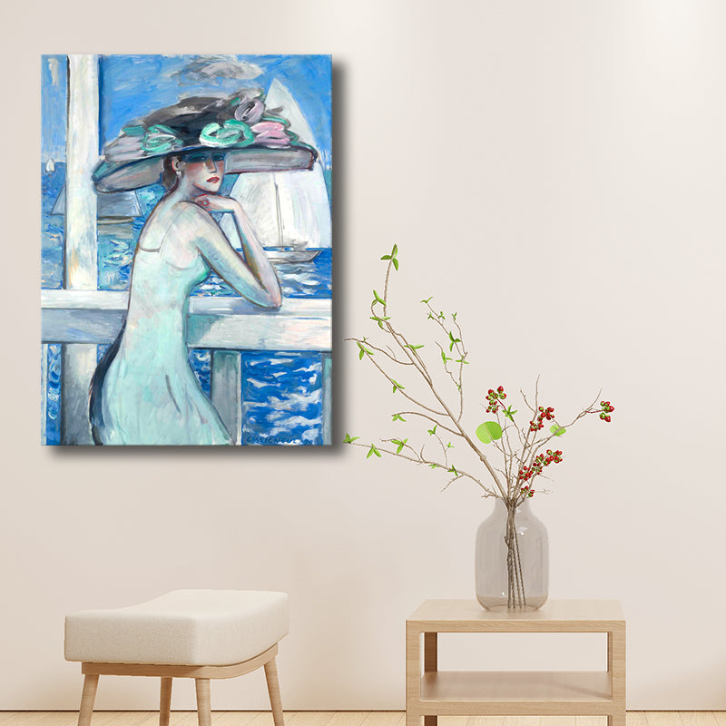 Canvas Textured Wall Art Countryside Woman by the Sea Painting in Soft Color for Living Room Blue Clearhalo 'Art Gallery' 'Canvas Art' 'Traditional' Arts' 1704093