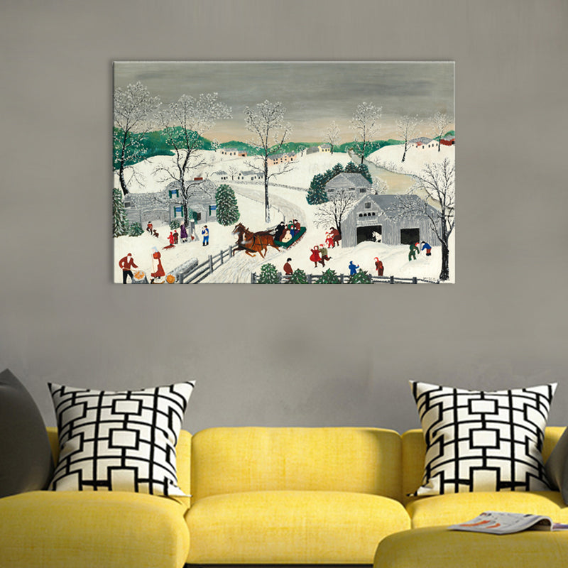 Country Kids Wrapped Canvas Entertainment in the Snow White Wall Art Decor for Living Room Clearhalo 'Art Gallery' 'Canvas Art' 'Traditional' Arts' 1704098