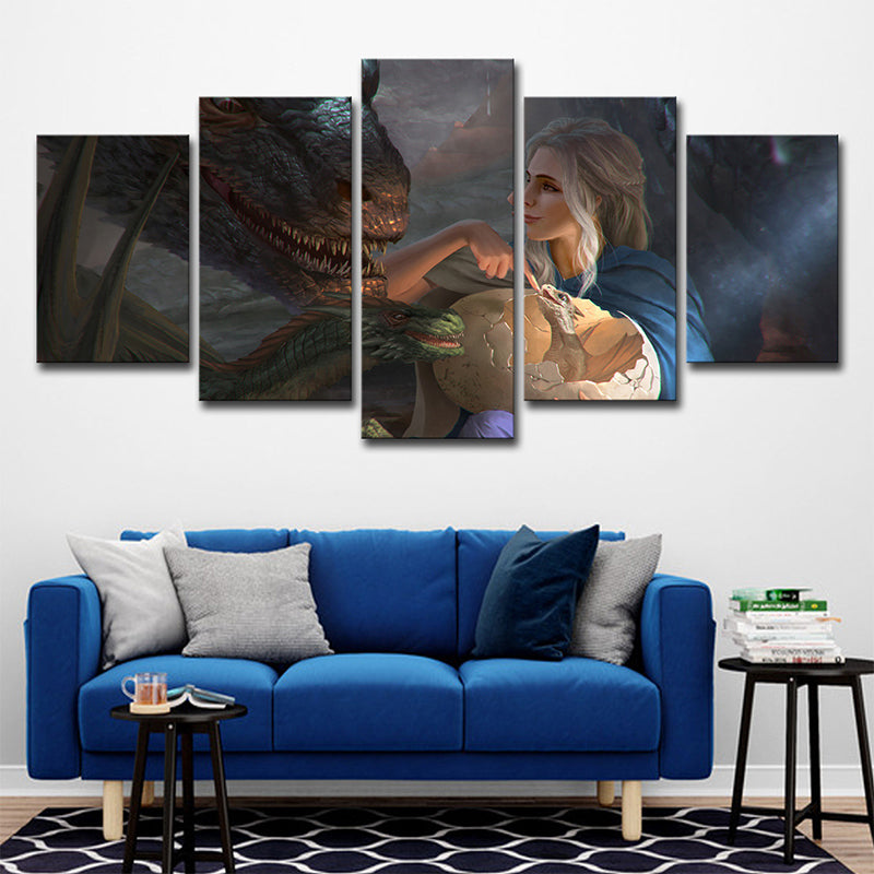 Multi-Piece Blue Wall Art Kids Digital Print Khaleesi and Her Dragon Wall Decor for Room Blue Clearhalo 'Art Gallery' 'Canvas Art' 'Kids' Arts' 1704136