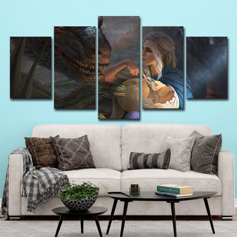 Multi-Piece Blue Wall Art Kids Digital Print Khaleesi and Her Dragon Wall Decor for Room Clearhalo 'Art Gallery' 'Canvas Art' 'Kids' Arts' 1704137
