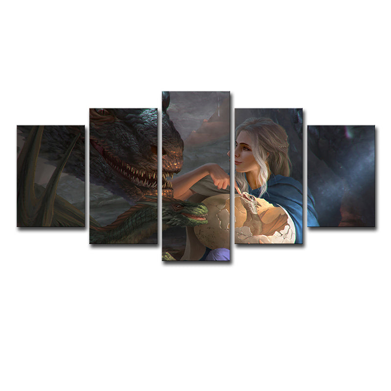 Multi-Piece Blue Wall Art Kids Digital Print Khaleesi and Her Dragon Wall Decor for Room Clearhalo 'Art Gallery' 'Canvas Art' 'Kids' Arts' 1704139