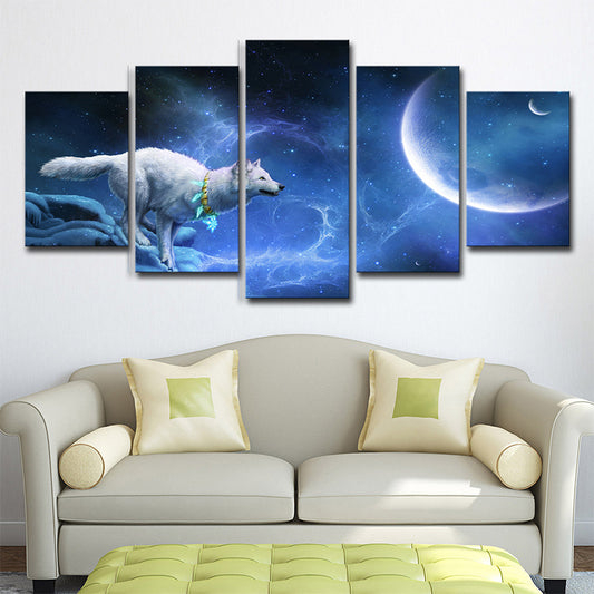 Digital Print Childrens Art Canvas with White Wolf Chasing Moon Night Scenery, Blue Blue Clearhalo 'Art Gallery' 'Canvas Art' 'Kids' Arts' 1704227