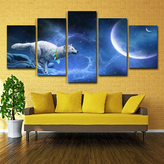 Digital Print Childrens Art Canvas with White Wolf Chasing Moon Night Scenery, Blue Clearhalo 'Art Gallery' 'Canvas Art' 'Kids' Arts' 1704228
