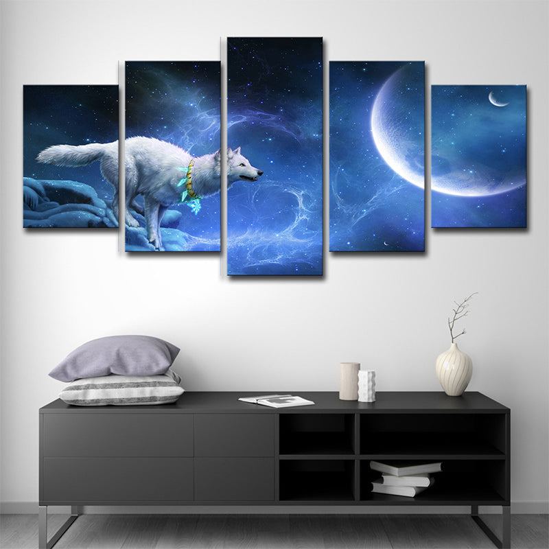 Digital Print Childrens Art Canvas with White Wolf Chasing Moon Night Scenery, Blue Clearhalo 'Art Gallery' 'Canvas Art' 'Kids' Arts' 1704229