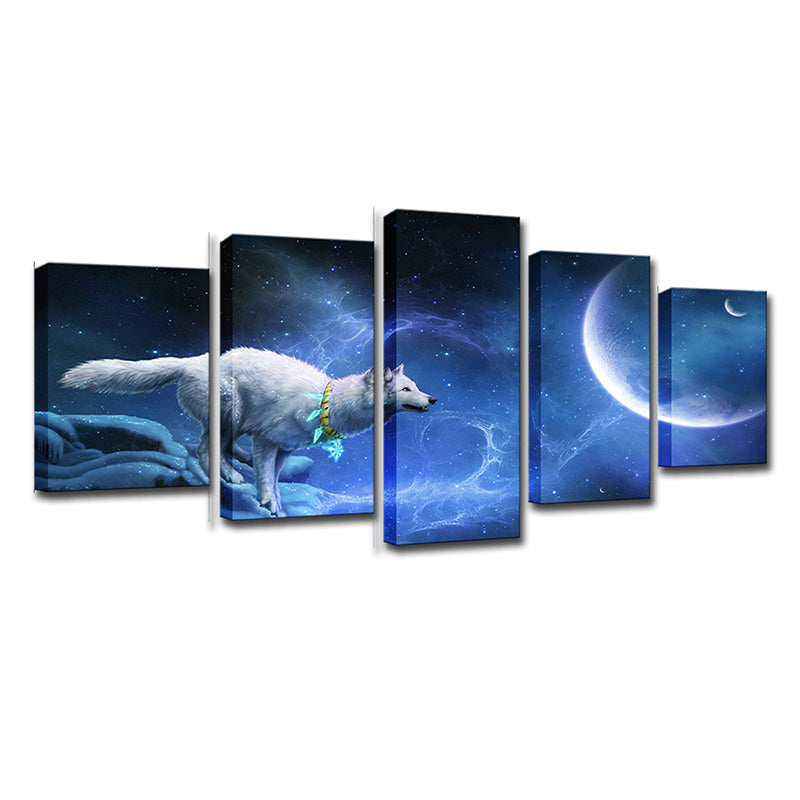 Digital Print Childrens Art Canvas with White Wolf Chasing Moon Night Scenery, Blue Clearhalo 'Art Gallery' 'Canvas Art' 'Kids' Arts' 1704230
