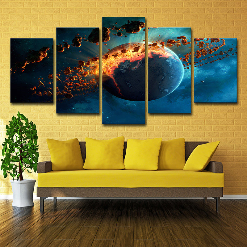 Science Fiction Planet Explosion Canvas Living Room Wall Art in Blue, Multi-Piece Clearhalo 'Art Gallery' 'Canvas Art' 'Kids' Arts' 1704301
