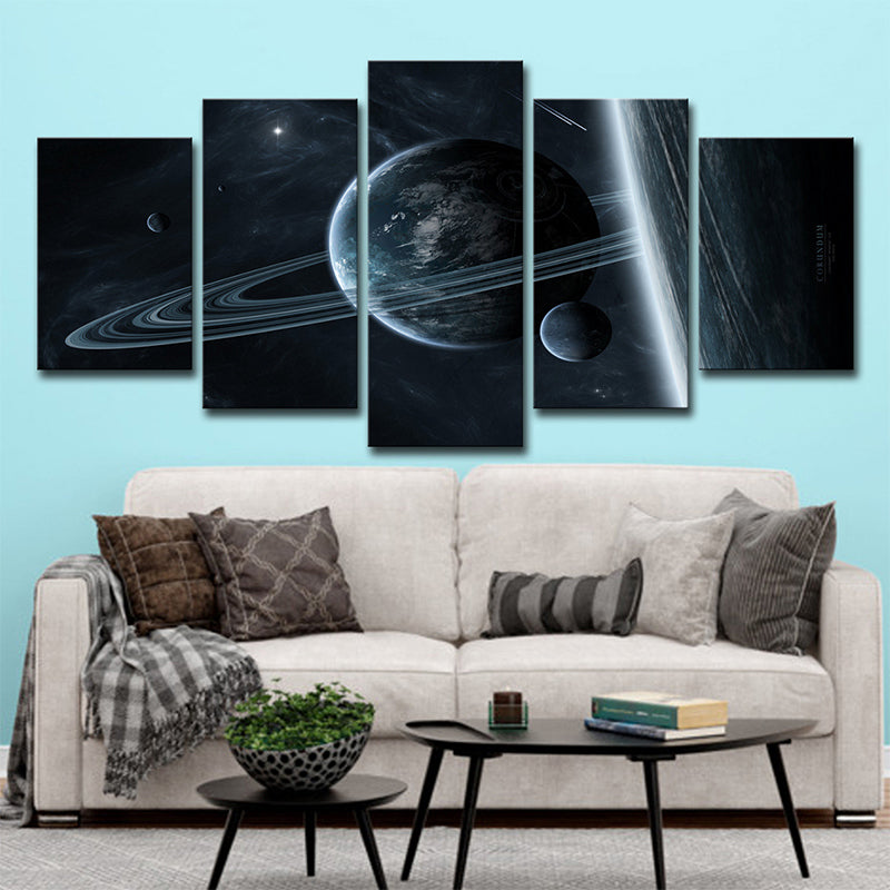 Cosmic Ringed Planet Canvas Wall Art Science Fiction Multi-Piece Wall Decor in Black Black Clearhalo 'Art Gallery' 'Canvas Art' 'Kids' Arts' 1704306