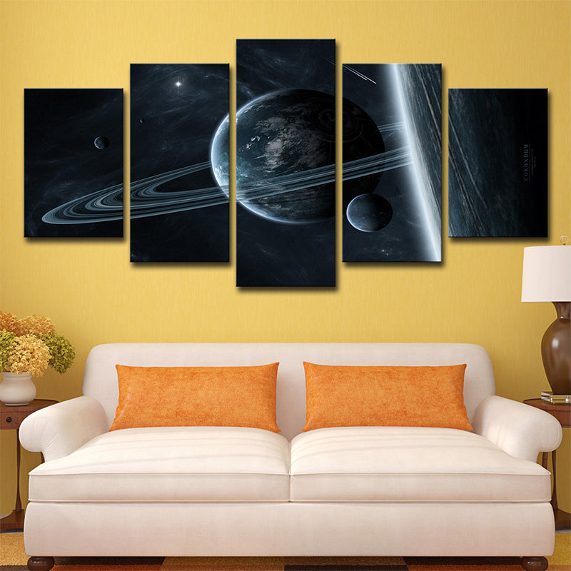 Cosmic Ringed Planet Canvas Wall Art Science Fiction Multi-Piece Wall Decor in Black Clearhalo 'Art Gallery' 'Canvas Art' 'Kids' Arts' 1704308