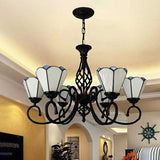 Chandelier Living Room Lamps, 6-Light Floral Ceiling Fixture in White with Adjustable Chain and Art Glass Shade Tiffany Style Clearhalo 'Ceiling Lights' 'Chandeliers' 'Industrial' 'Middle Century Chandeliers' 'Tiffany Chandeliers' 'Tiffany close to ceiling' 'Tiffany' Lighting' 170430