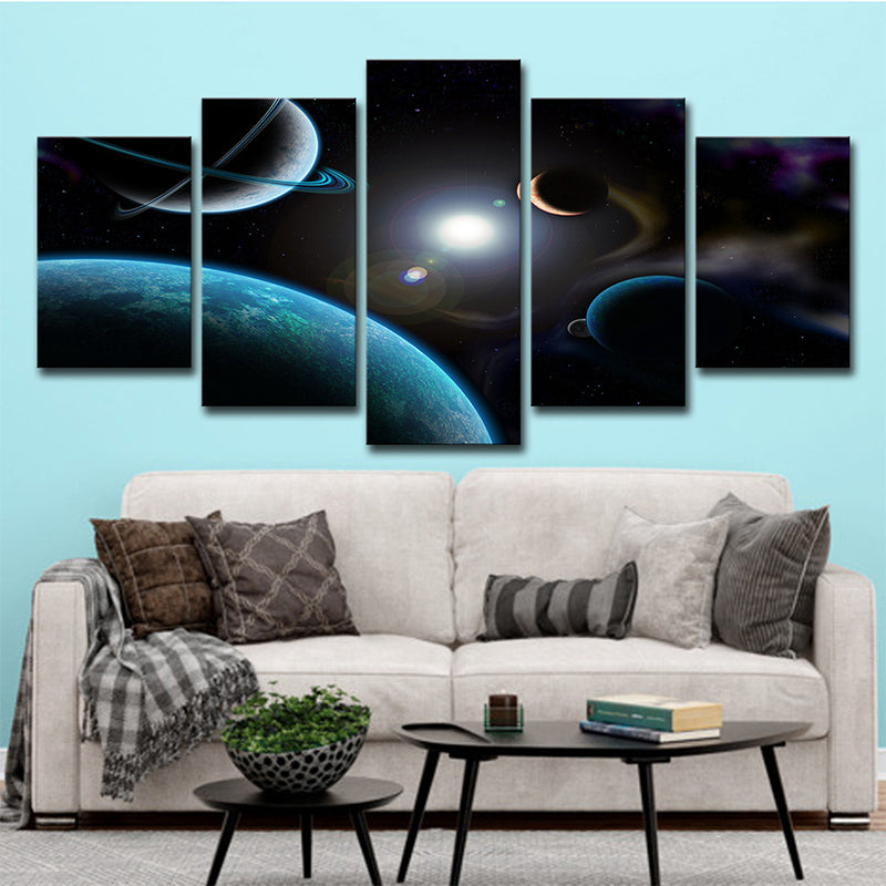 Dark Blue Planets Canvas Print Cosmos Sci-Fi Multi-Piece Wall Art for Living Room Blue Clearhalo 'Art Gallery' 'Canvas Art' 'Kids' Arts' 1704313