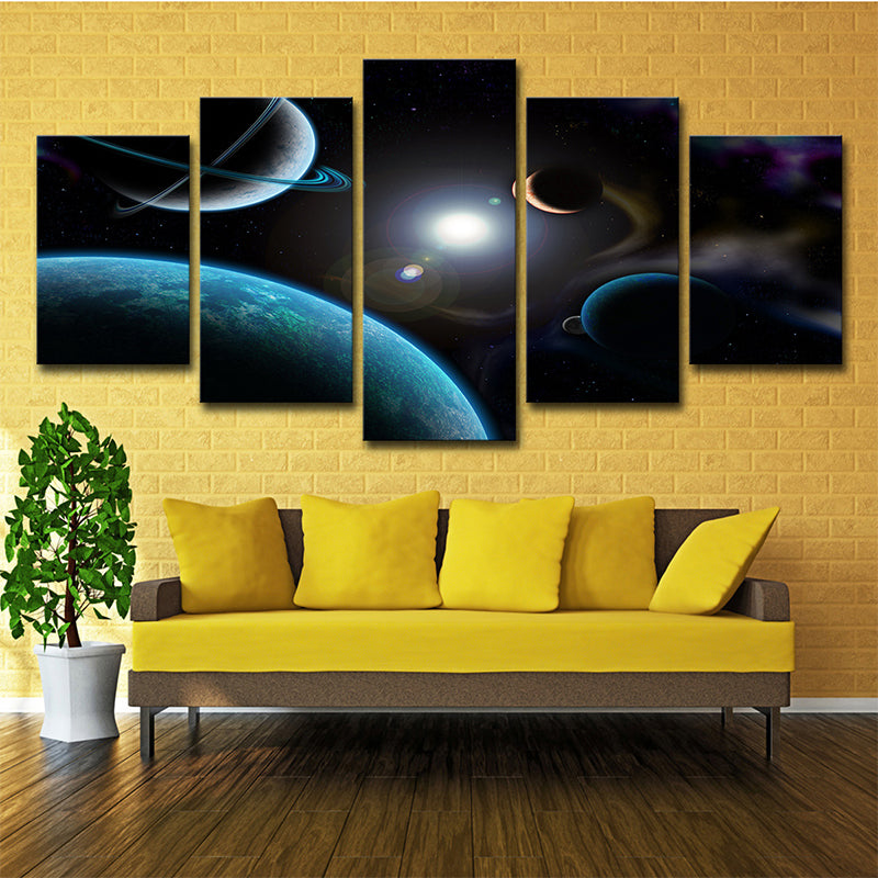 Dark Blue Planets Canvas Print Cosmos Sci-Fi Multi-Piece Wall Art for Living Room Clearhalo 'Art Gallery' 'Canvas Art' 'Kids' Arts' 1704314