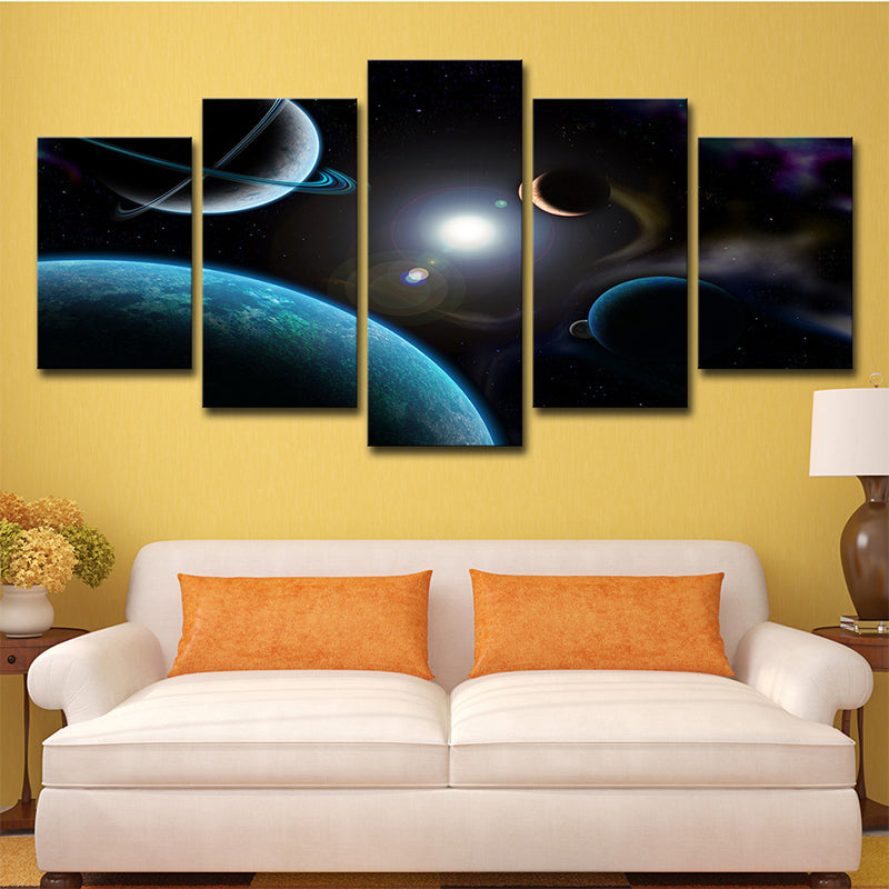 Dark Blue Planets Canvas Print Cosmos Sci-Fi Multi-Piece Wall Art for Living Room Clearhalo 'Art Gallery' 'Canvas Art' 'Kids' Arts' 1704315