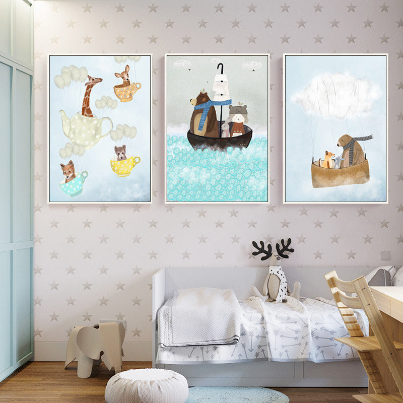 Pastel Cartoon Wall Art Animals in Their Sailing Boat Drawing Canvas Print for Kids Room Clearhalo 'Art Gallery' 'Canvas Art' 'Kids' Arts' 1704327