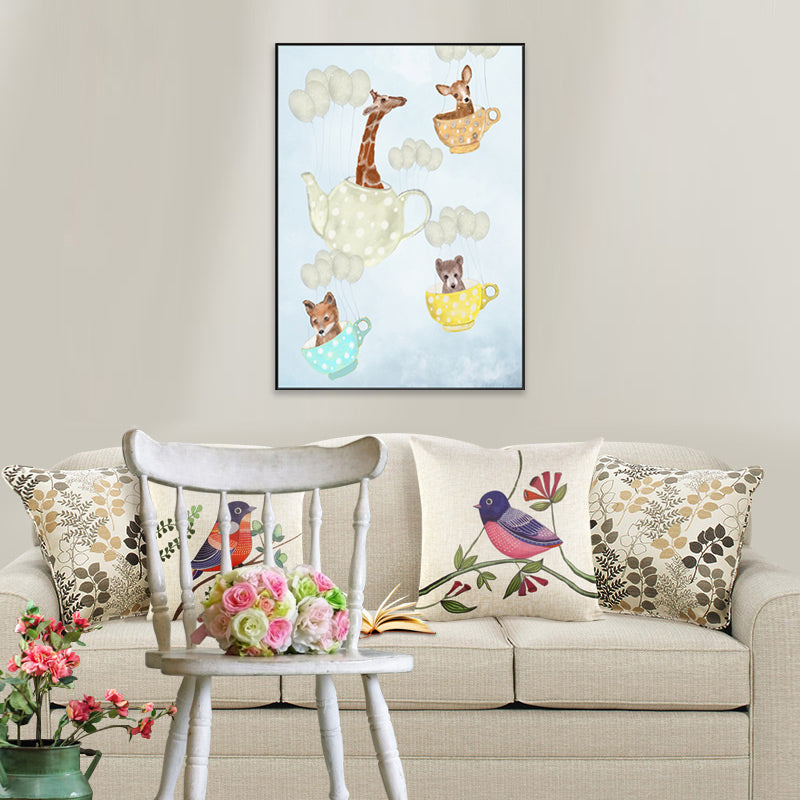 Pastel Cartoon Wall Art Animals in Their Sailing Boat Drawing Canvas Print for Kids Room Clearhalo 'Art Gallery' 'Canvas Art' 'Kids' Arts' 1704330