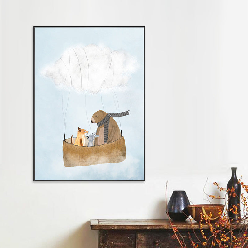 Pastel Cartoon Wall Art Animals in Their Sailing Boat Drawing Canvas Print for Kids Room Light Blue Clearhalo 'Art Gallery' 'Canvas Art' 'Kids' Arts' 1704335
