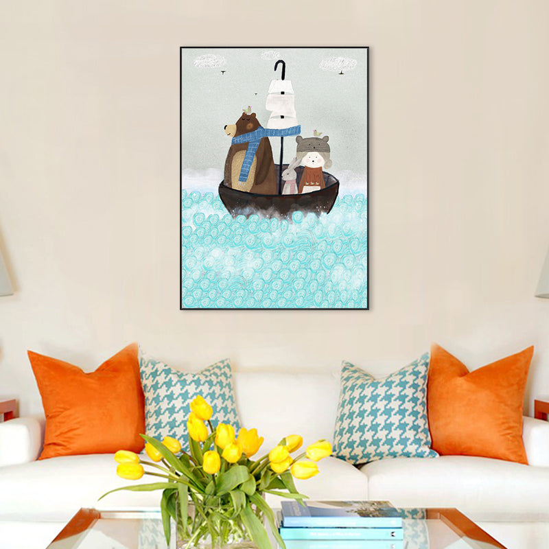 Pastel Cartoon Wall Art Animals in Their Sailing Boat Drawing Canvas Print for Kids Room Blue Clearhalo 'Art Gallery' 'Canvas Art' 'Kids' Arts' 1704339