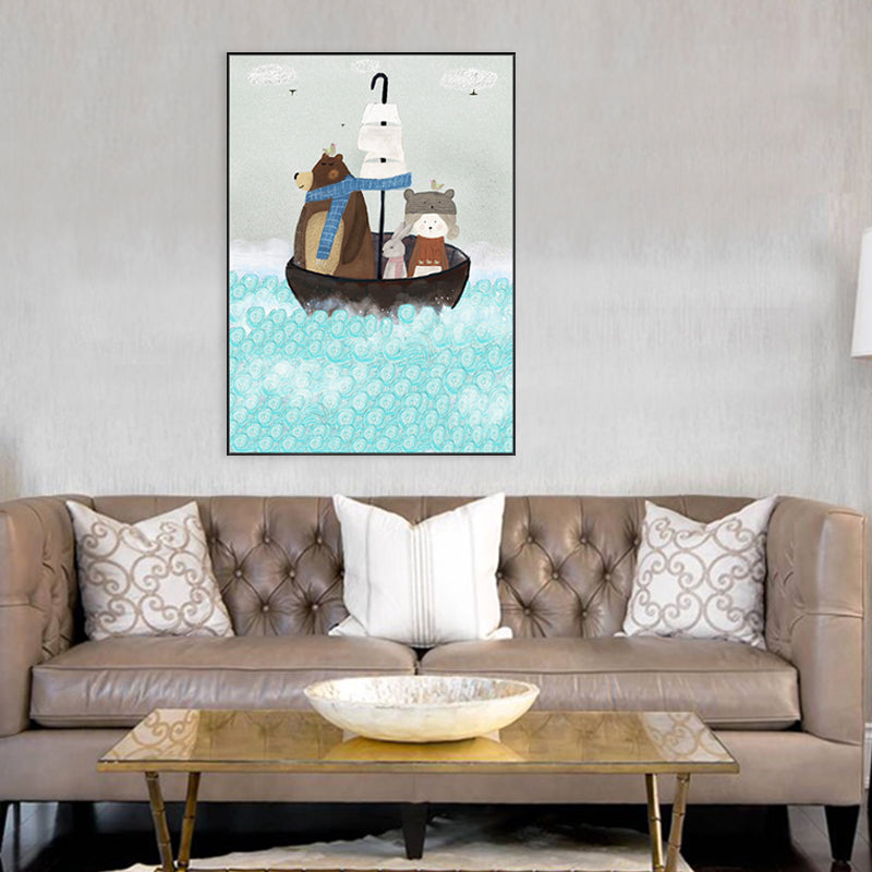 Pastel Cartoon Wall Art Animals in Their Sailing Boat Drawing Canvas Print for Kids Room Clearhalo 'Art Gallery' 'Canvas Art' 'Kids' Arts' 1704340