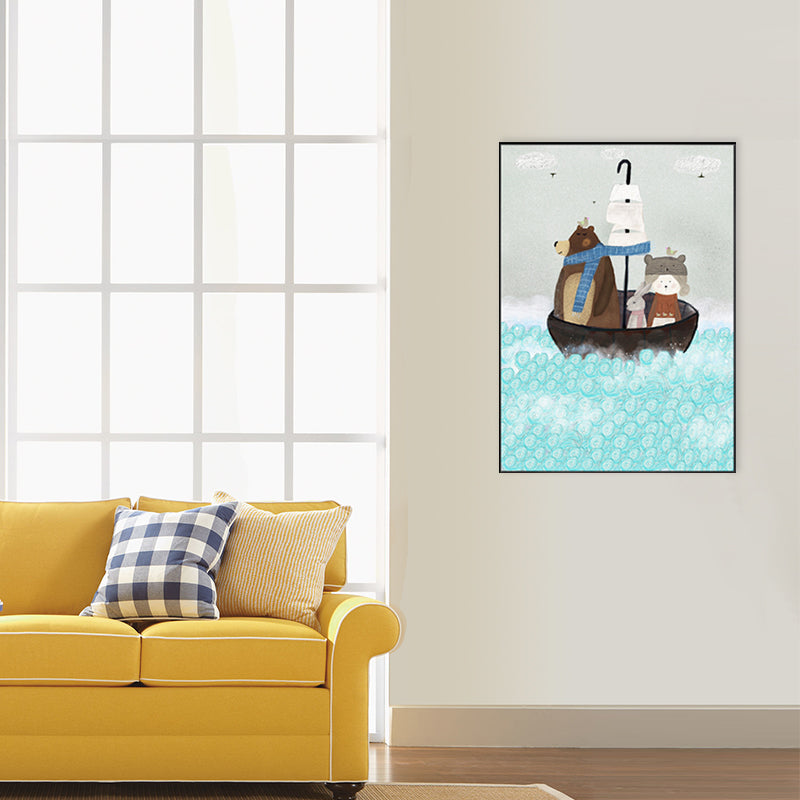Pastel Cartoon Wall Art Animals in Their Sailing Boat Drawing Canvas Print for Kids Room Clearhalo 'Art Gallery' 'Canvas Art' 'Kids' Arts' 1704341