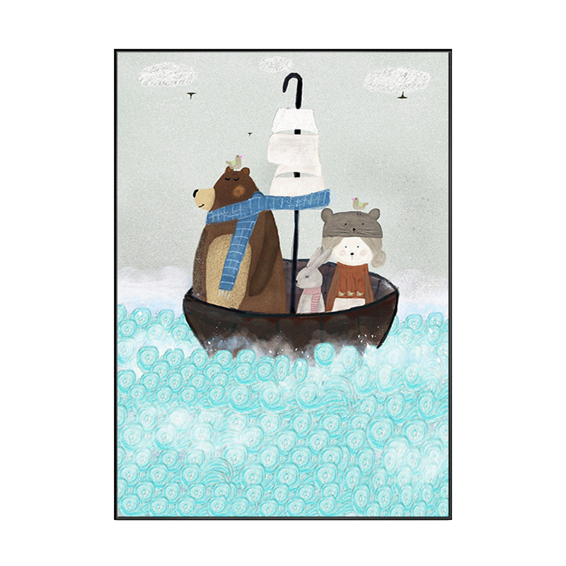Pastel Cartoon Wall Art Animals in Their Sailing Boat Drawing Canvas Print for Kids Room Clearhalo 'Art Gallery' 'Canvas Art' 'Kids' Arts' 1704342
