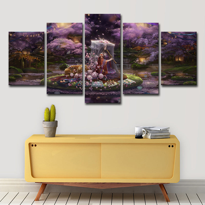 Canvas Purple Art Print Cartoon Fairy with Cherry Blossom Game Scene Wall Decor for Room Purple Clearhalo 'Art Gallery' 'Canvas Art' 'Kids' Arts' 1704350