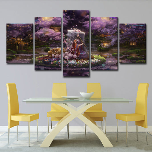 Canvas Purple Art Print Cartoon Fairy with Cherry Blossom Game Scene Wall Decor for Room Clearhalo 'Art Gallery' 'Canvas Art' 'Kids' Arts' 1704351
