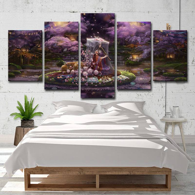 Canvas Purple Art Print Cartoon Fairy with Cherry Blossom Game Scene Wall Decor for Room Clearhalo 'Art Gallery' 'Canvas Art' 'Kids' Arts' 1704352