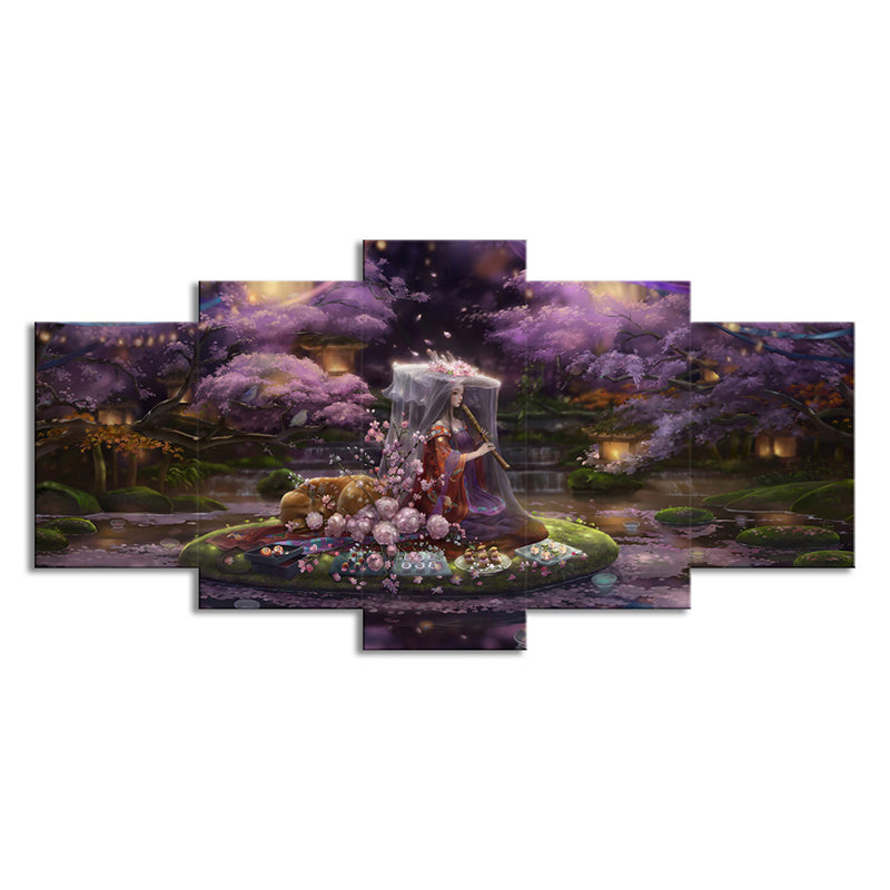 Canvas Purple Art Print Cartoon Fairy with Cherry Blossom Game Scene Wall Decor for Room Clearhalo 'Art Gallery' 'Canvas Art' 'Kids' Arts' 1704353