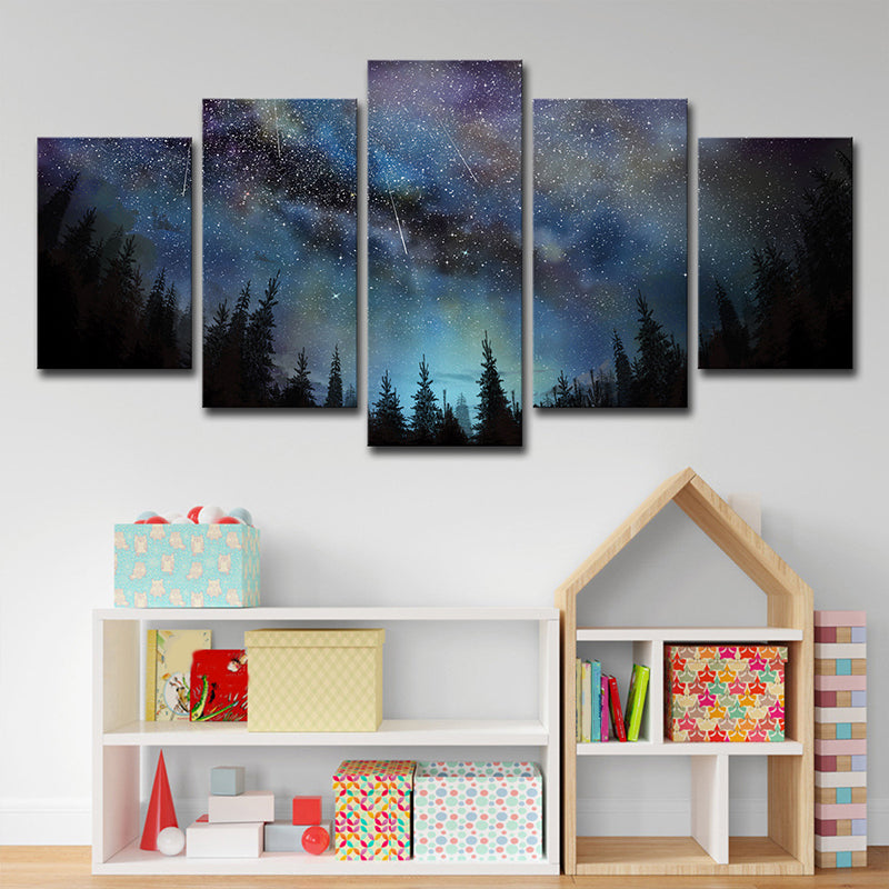Blue Forest Starry Sky Canvas Nature Scenery Modernist Multi-Piece Wall Art Decor Clearhalo 'Art Gallery' 'Canvas Art' 'Kids' Arts' 1704359