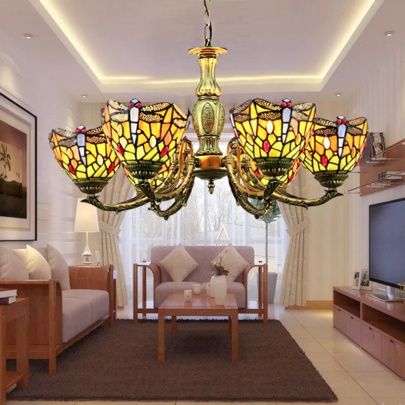 Stained Glass Chandelier, 6 Lights Dragonfly Ceiling Pendant Lamp in Antique Brass with Adjustable Chain Tiffany Style Yellow Clearhalo 'Ceiling Lights' 'Chandeliers' 'Industrial' 'Middle Century Chandeliers' 'Tiffany Chandeliers' 'Tiffany close to ceiling' 'Tiffany' Lighting' 170438