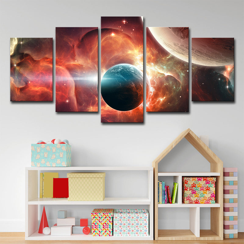 Cool Space Nebula Canvas Wall Art for Boys Bedroom, Orange and Blue, Multi-Piece Clearhalo 'Art Gallery' 'Canvas Art' 'Kids' Arts' 1704394