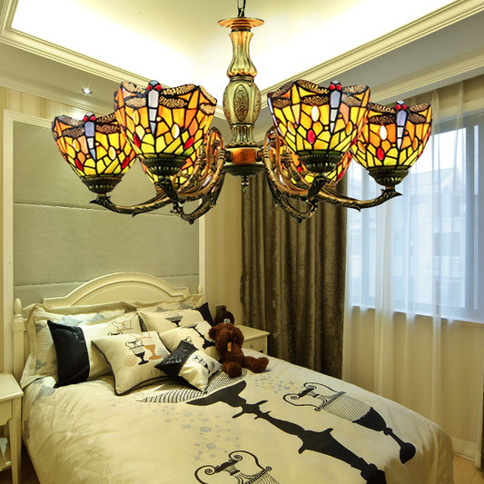 Stained Glass Chandelier, 6 Lights Dragonfly Ceiling Pendant Lamp in Antique Brass with Adjustable Chain Tiffany Style Clearhalo 'Ceiling Lights' 'Chandeliers' 'Industrial' 'Middle Century Chandeliers' 'Tiffany Chandeliers' 'Tiffany close to ceiling' 'Tiffany' Lighting' 170439