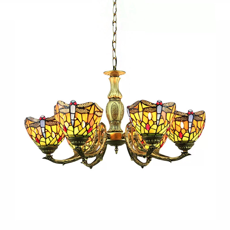 Stained Glass Chandelier, 6 Lights Dragonfly Ceiling Pendant Lamp in Antique Brass with Adjustable Chain Tiffany Style Clearhalo 'Ceiling Lights' 'Chandeliers' 'Industrial' 'Middle Century Chandeliers' 'Tiffany Chandeliers' 'Tiffany close to ceiling' 'Tiffany' Lighting' 170440