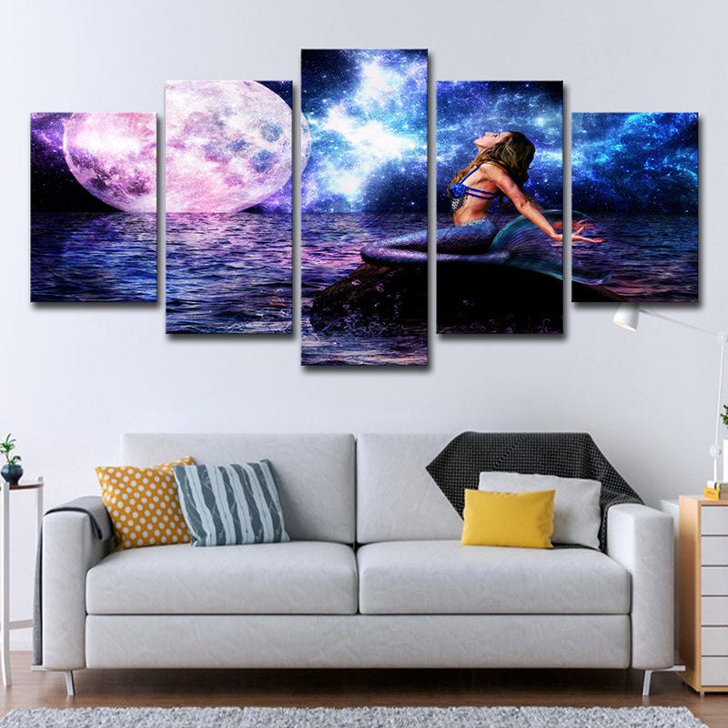 Purple Kid Canvas Wall Art Marshy Lagoon Mermaid under Super Moon Wall Decor for Room Clearhalo 'Art Gallery' 'Canvas Art' 'Kids' Arts' 1704401