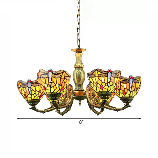 Stained Glass Chandelier, 6 Lights Dragonfly Ceiling Pendant Lamp in Antique Brass with Adjustable Chain Tiffany Style Clearhalo 'Ceiling Lights' 'Chandeliers' 'Industrial' 'Middle Century Chandeliers' 'Tiffany Chandeliers' 'Tiffany close to ceiling' 'Tiffany' Lighting' 170441