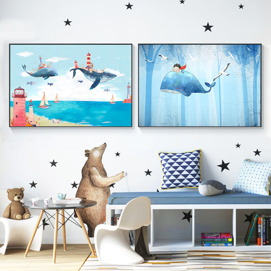 Fantasy Flying Whales Adventure Canvas Kids Style Textured Wall Art in Pastel Blue Clearhalo 'Art Gallery' 'Canvas Art' 'Kids' Arts' 1704420