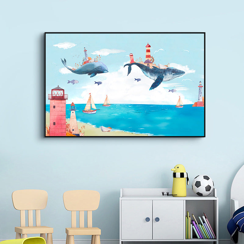 Fantasy Flying Whales Adventure Canvas Kids Style Textured Wall Art in Pastel Blue Blue Clearhalo 'Art Gallery' 'Canvas Art' 'Kids' Arts' 1704421