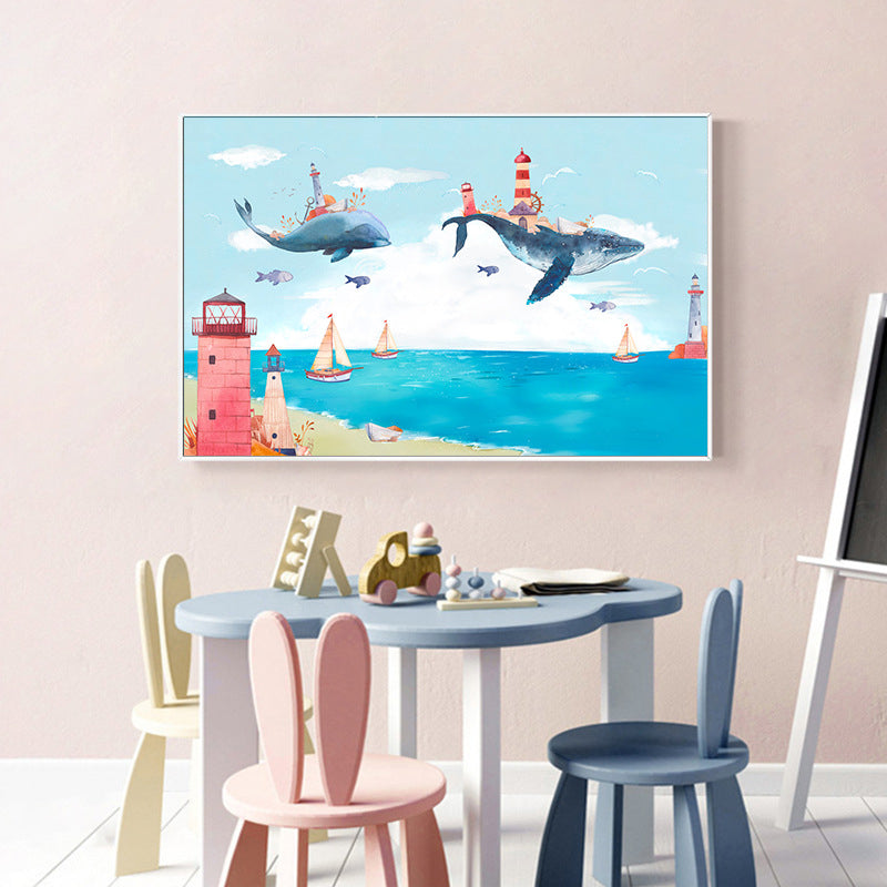 Fantasy Flying Whales Adventure Canvas Kids Style Textured Wall Art in Pastel Blue Clearhalo 'Art Gallery' 'Canvas Art' 'Kids' Arts' 1704422